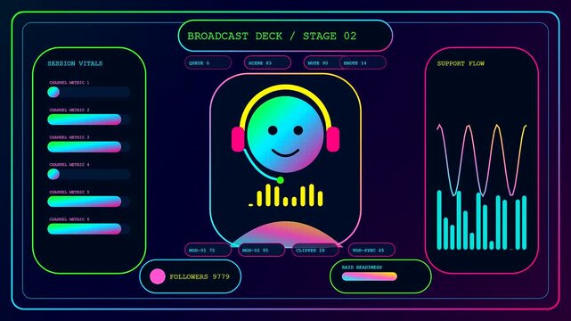 A vibrant streamer dashboard interface displays fluctuating data streams and glowing neon graphical elements in a digital broadcast deck setup showing dynamic user interaction statistics online