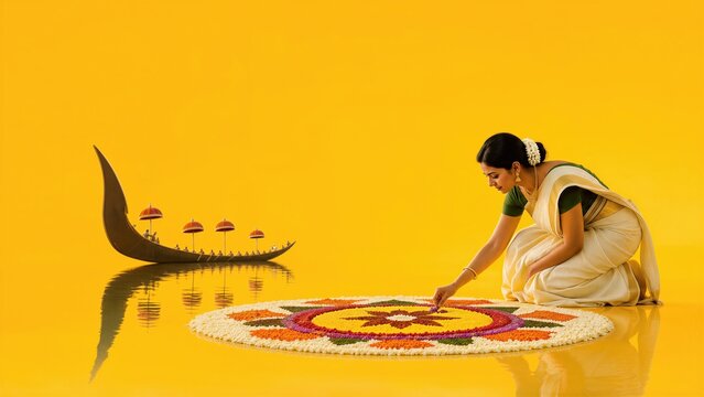 Indian woman creating flower rangoli for Onam festival. Traditional pookalam design on floor. Cultural celebration in Kerala. South Indian girl in sari with decorative boat background.