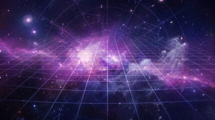 Fototapeta premium Cosmic nebula with digital grid and constellations in deep space