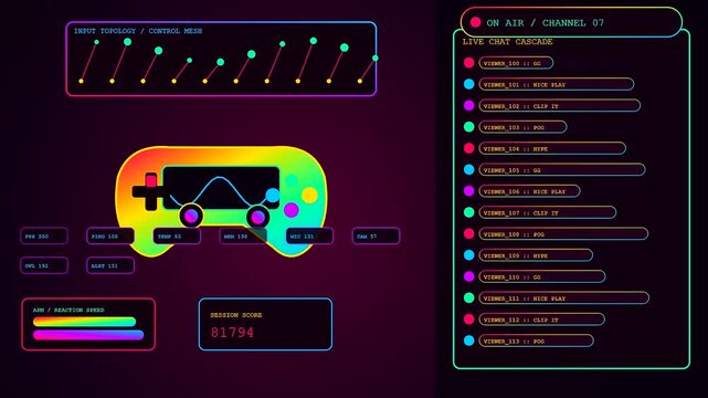 A vibrant streamer dashboard displays live chat analytics and performance metrics with glowing neon interface elements isolated against a dark purple background for gaming