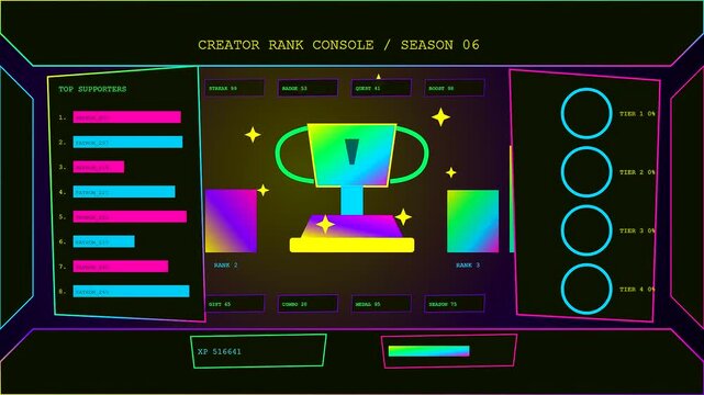 A vibrant streamer dashboard interface displays fluctuating trophy rank statistics alongside various data rings and progress bars in a dark room environment for digital gaming content