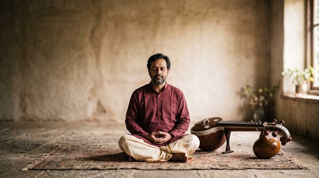 Man meditating in traditional Indian attire beside a sitar