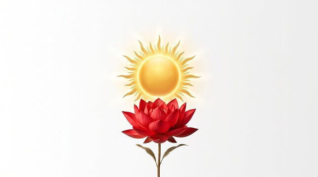 Red lotus flower blooming under a radiant sun on a white background