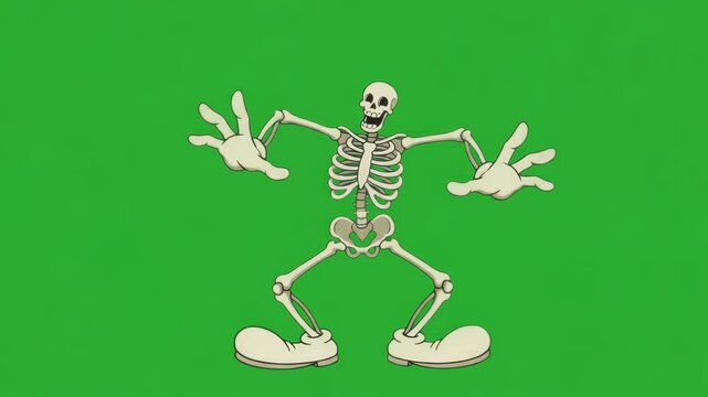 Funny cartoon skeleton dancing green screen Halloween 4K loop