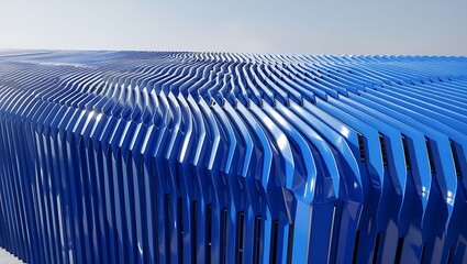 Fototapeta premium Abstract blue architectural facade featuring wavy metallic louvers under bright natural sunlight exterior building detail