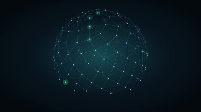 Rotating teal network globe with glowing green nodes and blue wireframe connections on dark background