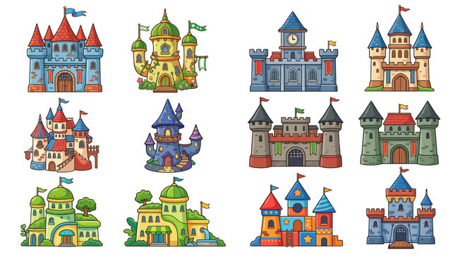 Stylized cartoon castle and fortress icons set.