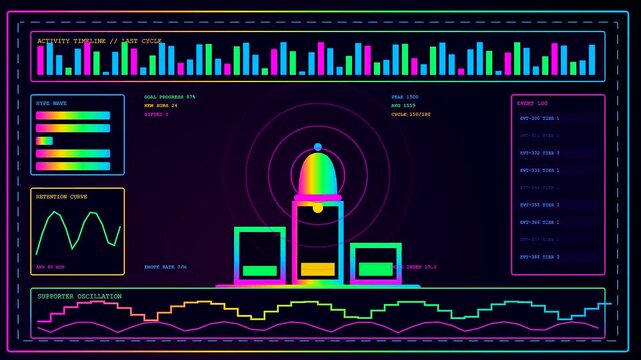 A vibrant streamer dashboard interface displays shifting frequency levels and data metrics within a dark digital environment where glowing bars indicate activity during live video stream