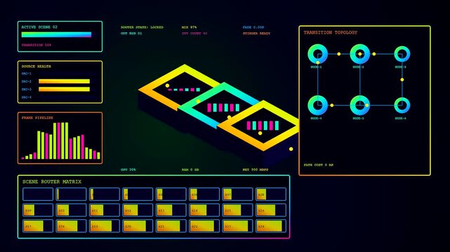 A digital streamer dashboard interface displaying animated graphs and nodes with glowing neon outlines pulsing on a dark screen during live data stream monitoring operations