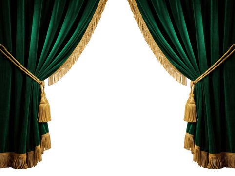 Luxurious green velvet theater curtains with golden fringes and tassels isolated on transparent background