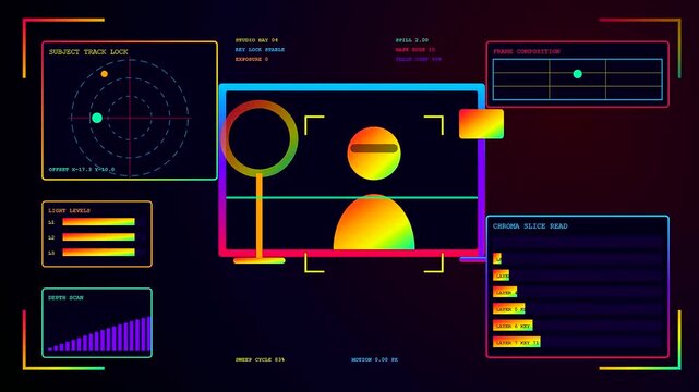 A vibrant streamer dashboard displays colorful data metrics while a virtual avatar follows motion tracking movements within a neon digital interface for gaming and software analysis