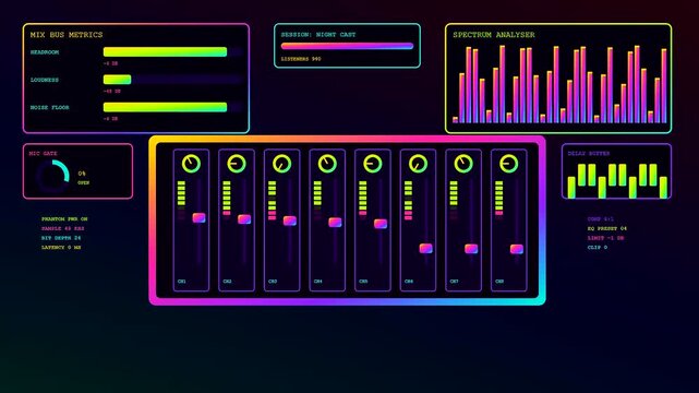 A futuristic streamer dashboard interface displays vibrant audio levels and mixing settings across three modular panels glowing in a dark virtual media production software environment
