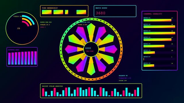 A digital streamer dashboard with animated circular gauges and bar graphs displayed across three vertical panels presenting real time performance metrics in a dark glowing environment