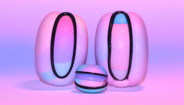 Close-up of three dessert-like structures; two large and a smaller sphere, all featuring pastel gradient hues