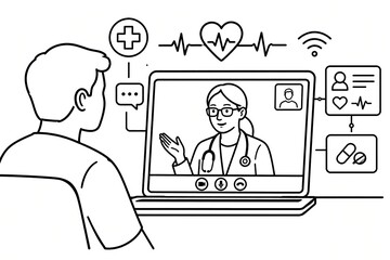 Fototapeta premium Patient on a video call having a remote consultation with a doctor online via laptop. Medical icons for virtual healthcare, telemedicine, and digital health.