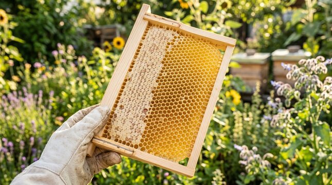 Hand holding wooden beehive frame with natural beeswax honeycomb in sunny garden setting