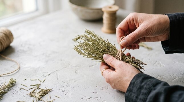 Hands tying a bundle of dry organic rosemary with jute twine on a rustic studio table