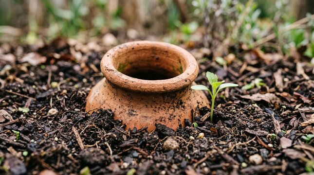 Rustic clay olla watering pot buried in soil next to a small green sprout for gardening.