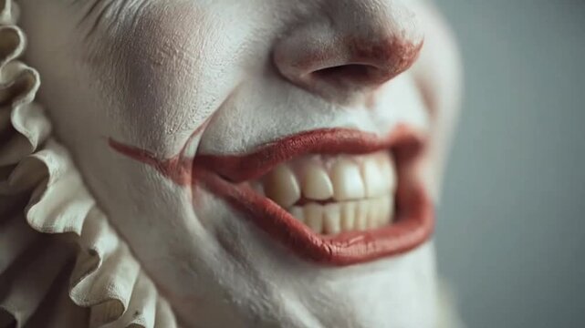 Close-up of laughing clown with white face makeup.