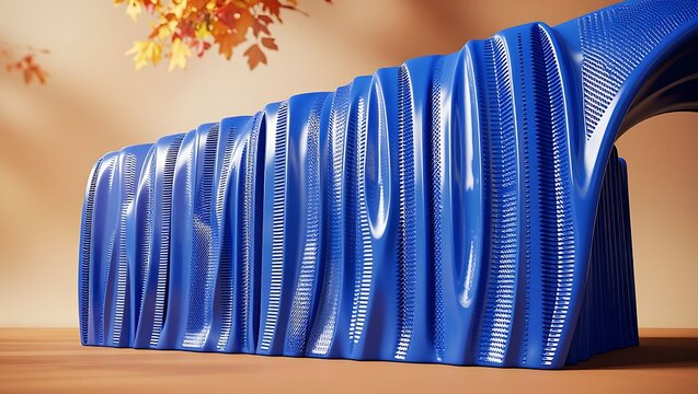 Modern blue sculptural bench featuring intricate geometric patterns against a warm autumnal background with falling leaves