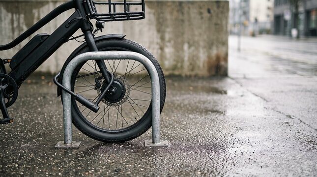 Electric cargo bike wheel securely locked to urban bike rack on rainy city street