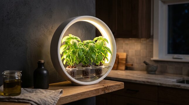 Modern indoor hydroponic herb garden with LED ring light in a cozy kitchen setting