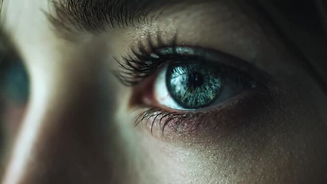 Extreme close-up of human eye with blue iris.