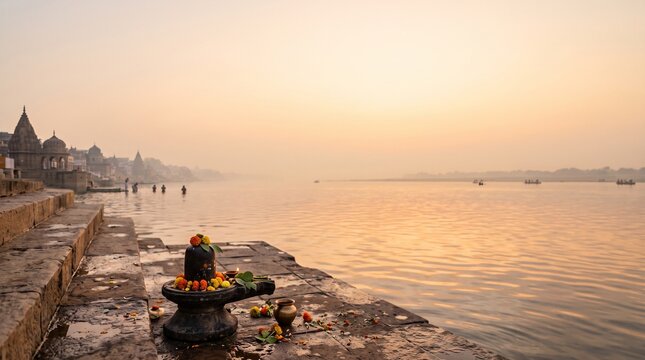 Shiva Lingam on ghats of Ganges river at sunrise, Varanasi, India