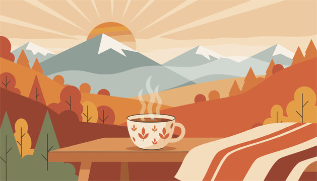 Steaming cup of coffee placed on a wooden table with an autumn mountain landscape backdrop featuring warm colors and cozy seasonal vibes.