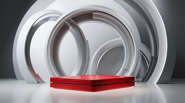 Vibrant Red 3D PodiumAgainst Bold Circular Architectural Geometry for Modern Product Display podium stage red 3d display product platform presentation background abstract circular circle
