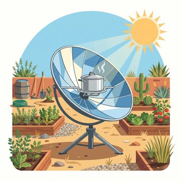 Solar cooker parabolic dish in a community garden, flat design eco cooking technology.