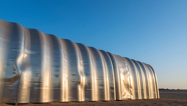 Corrugated metallic quonset hut structure standing against clear blue sky in vast desert landscape with metallic storage building