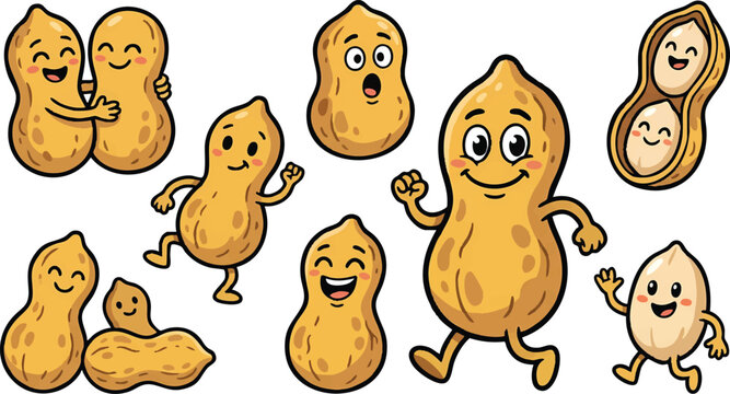 Cute cartoon peanut characters set with happy faces and playful expressions for food branding