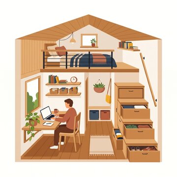 Modern tiny home interior with loft bedroom and workspace in flat design style