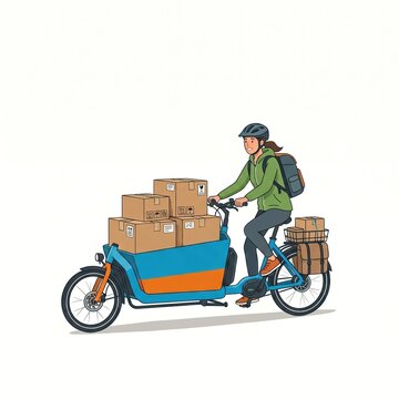 Electric cargo bike delivery courier with cardboard packages in flat design style