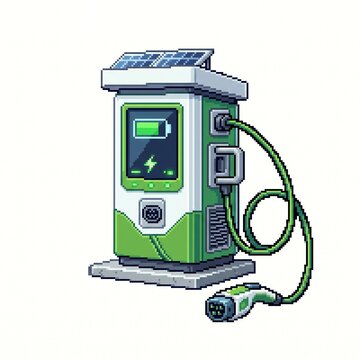 Pixel art electric vehicle charging station with solar panels and charging cable plug