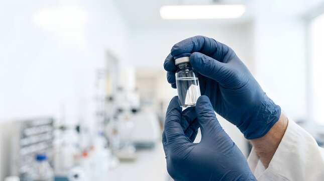 Medical researcher or scientist hands in blue nitrile gloves holding a clear glass vial with liquid medication or vaccine in a bright clinical laboratory room with blurred background.