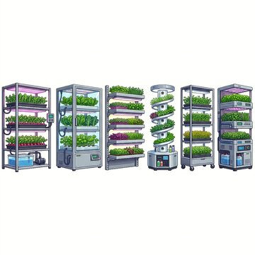 Vertical farming modules with microgreens and LED grow lights in flat design style.