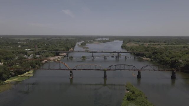 Aerial View Flying Over San Marcos Lempa Bridges and Lempa River