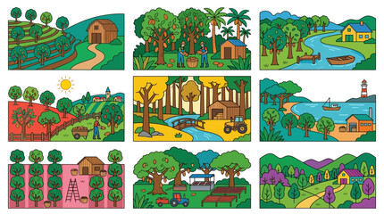 Naklejka premium Rural farm and woodland landscape illustrations.