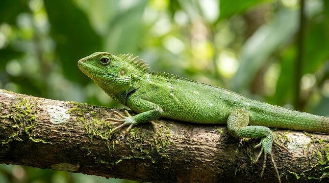 Exotic Green Crested Lizard Resting on Thick Wooden Branch Against Soft Foliage Background lizard reptile green branch animal wildlife crest scales profile tree nature tropical exotic background wild