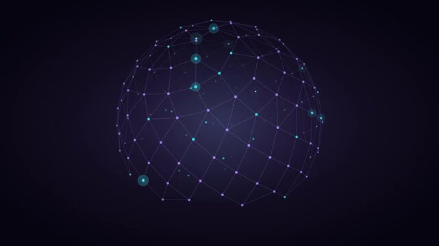 Abstract rotating digital network sphere with glowing cyan nodes and purple lines on a dark background