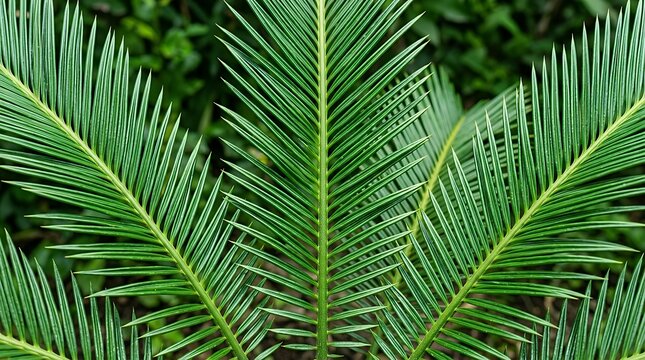 Close Up Detailed Shot of Vibrant Green Sago Palm Cycad Fronds with Sharp Symmetrical Needle Leaves sago palm cycad leaves close up green fronds plant foliage botanical evergreen detail nature