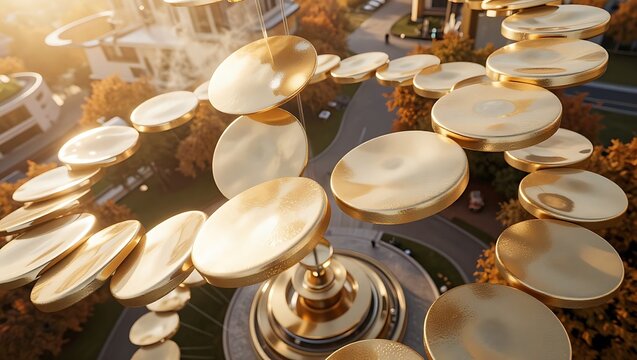A golden kinetic sculpture with rotating metallic discs suspended over a landscaped park at sunset