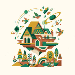 Naklejka premium Magical floating house with geometric trees birds and planetary orbit rings in a fantasy world floating architecture building
