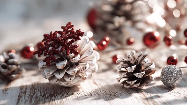 Glittery pine cones and red ornaments on winter surface.