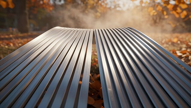 Modern metal bench with parallel slats sitting in a park during a sunny autumn day