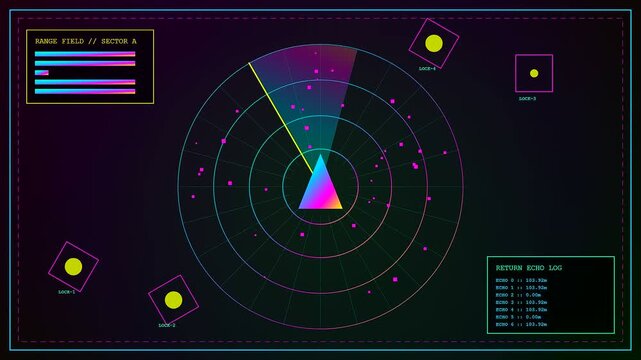 A bright synthetic perception interface displays dynamic radar scanning patterns with neon grid lines and pulsating circular markers glowing across dark geometric digital screens during data analysis