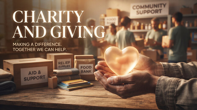 Hands holding glowing red heart symbolizing charity donation and community support