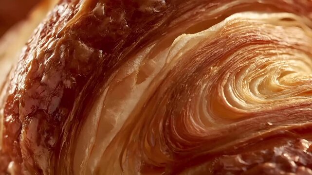 Paris, France, Europe. A closeup of a freshly baked croissant, showcasing its intricate swirl pattern and glossy texture.